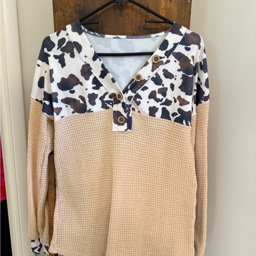 Cow Print and Tan Waffle Knit Top